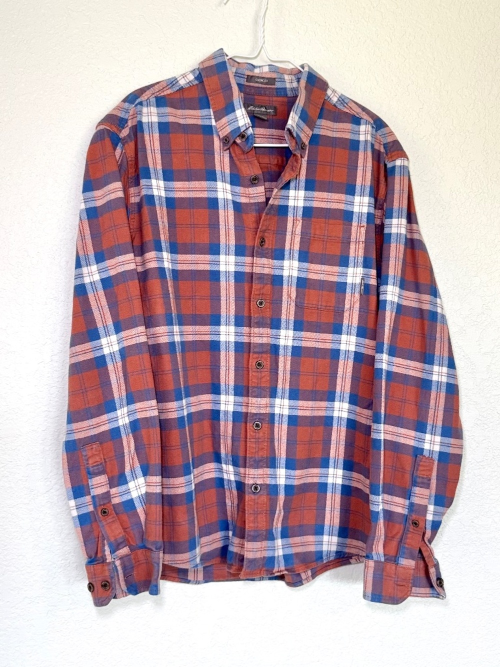 Eddie Bauer Flannel Shirt Men's L Classic Fit Button Down Shirt Orange Cotton